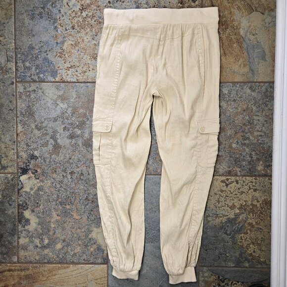 Bebe Sz 2 Cream Linen Blend Pull On Casual Cargo Pants Drawstring Waist Pockets - Picture 11 of 14